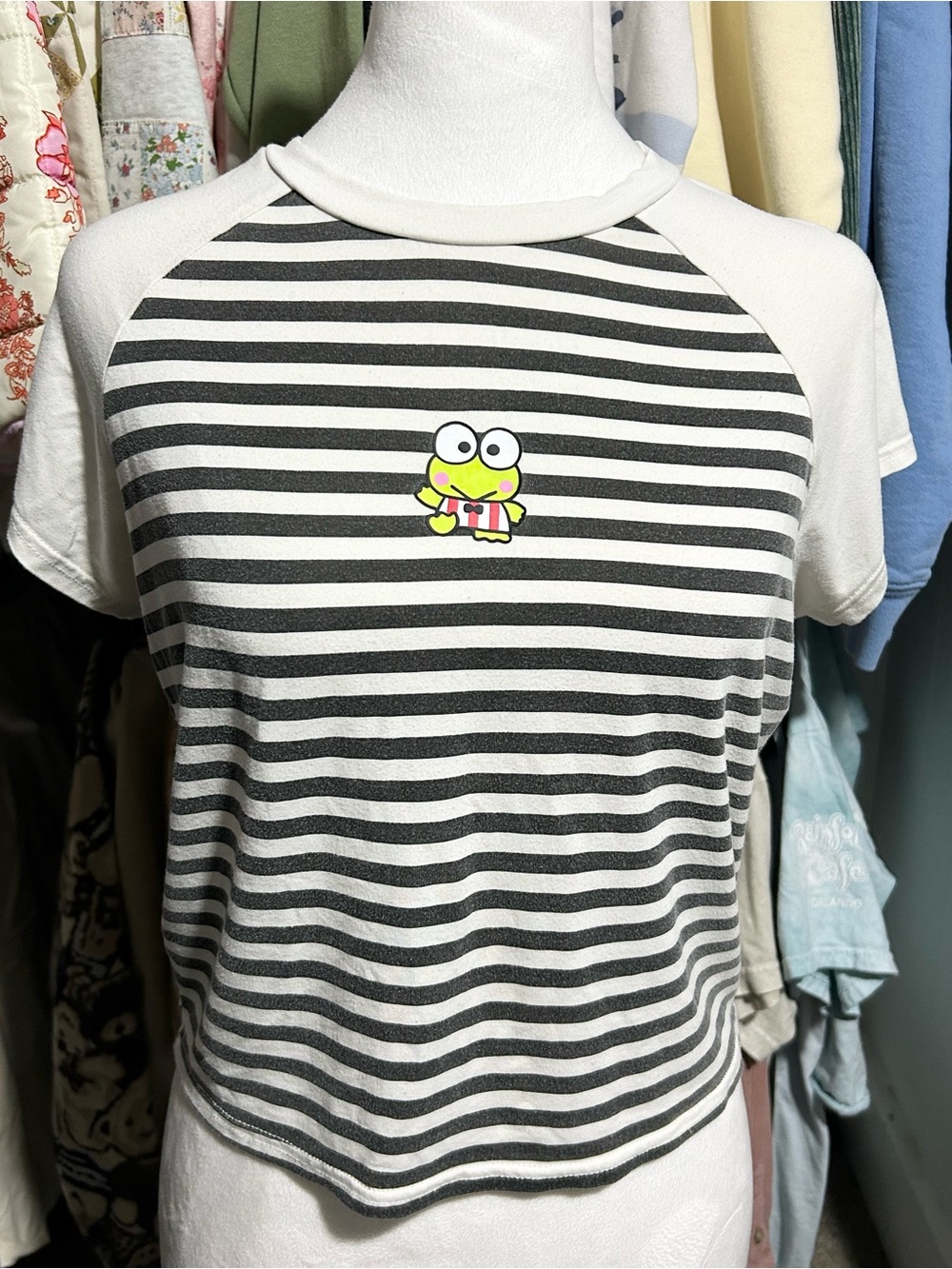Sanrio Keroppi Black & White Striped Raglan Tee with Cute Frog Graphic